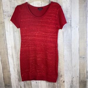 GLO Jeans Size XL Red Sweater Mini Dress with Red Sequins Short Cap Slee…